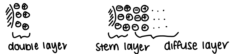 <p>A layer of counter ions forms around the NP.</p><p>Helmholtz suggests there is a double layer.</p><p>The Gouy-Chapman-Stern model suggests there are multiple layers. This consists of a Stern layer closest to the NP surface and a diffuse layer.</p>