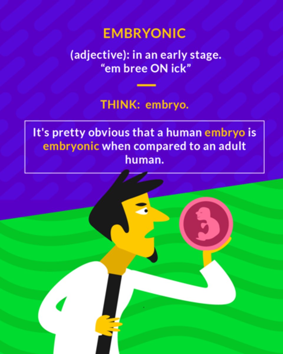 <p>adj. in an early stage of development; of an organism prior to birth or hatching</p>