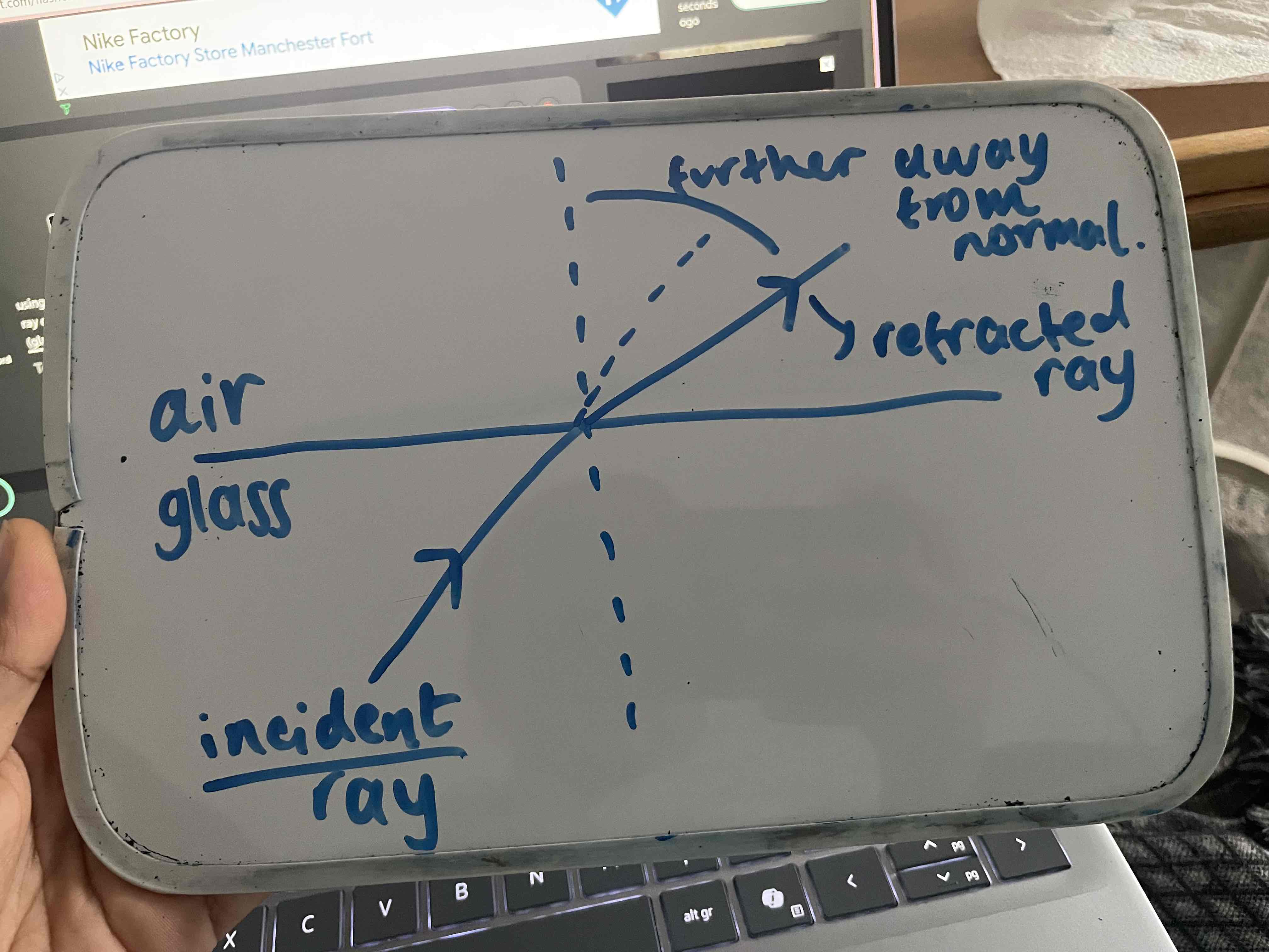 <p>the refracted ray will be bent more AWAY from the normal </p>