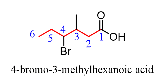 <ul><li><p>always on carbon 1 </p></li><li><p>ends in _anoic acid</p></li></ul><p></p>