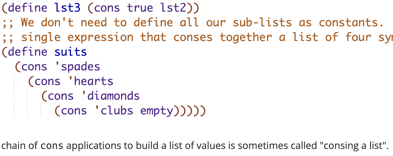 <ol><li><p>The empty list is a list</p></li><li><p>Given an existing list, you can build a new list that has one more item added at the beginning</p></li></ol><p>cons “construct” = produces a new list </p><ul><li><p>Consume two arguments</p><ol><li><p>Any type at all </p></li><li><p>Must be a list </p></li></ol></li></ul><p></p>