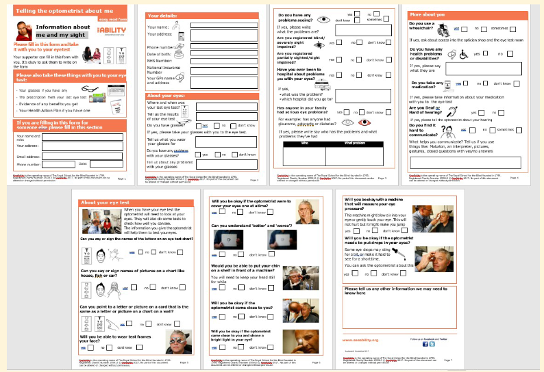 <ul><li><p>Encourage the pt to visit your premises before their eye examination to help them become familiar and comfortable with the environment.</p></li><li><p>Encourage the pt + carer to complete SeeAbility’s ‘Telling the optometrist about me’ form and bring it to the eye examination</p></li><li><p>Find out how the patient likes to communicate and how their disabilities affect them, incl if they are particularly sensitive to touch, lights and sounds.</p></li><li><p>Find out about any recent signs, symptoms or behavioural changes that might be relevant</p></li><li><p>Ask to refer to the patient’s health action plan or communication passport, if they have one.</p></li><li><p>Be prepared to spend longer on the examination and to arrange repeat visits to obtain full and valid results</p></li></ul><p></p>