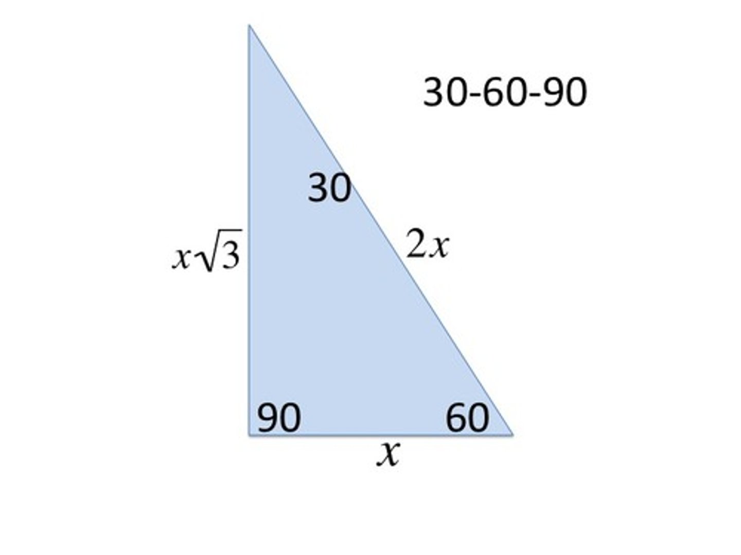 <p>30: 60: 90 degrees</p>