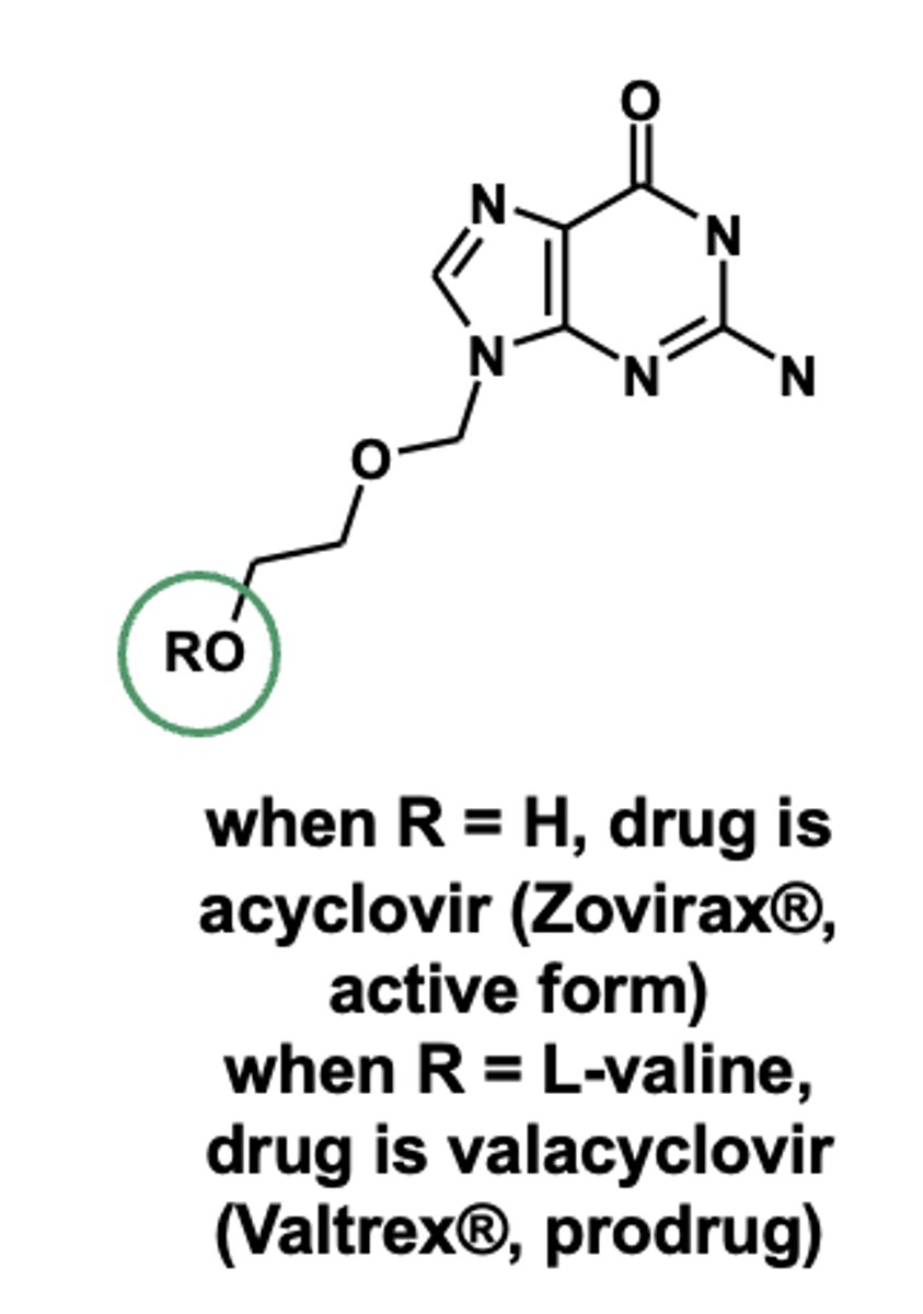 <p>- Oral BA of acyclovir: 15-30%, requires 5x per day dosing</p><p>- oral BA of <strong>prodrug, valacyclovir is 55%</strong>, allows for less frequent dosing (3x a day)</p>