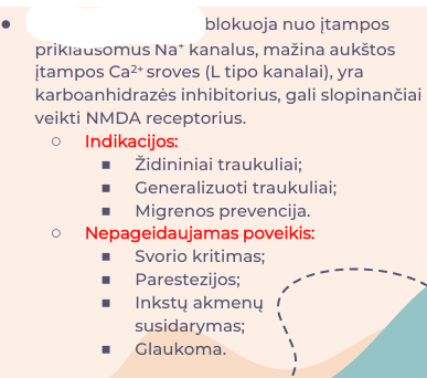 <p>blokuoja nuo įtampos priklausomus Na+ kanalus, mažina aukštos įtampos Ca2+ sroves (L tipo kanalai), yra karboanhidrazės inhibitorius, gali slopinančiai veikti NMDA receptorius.</p>