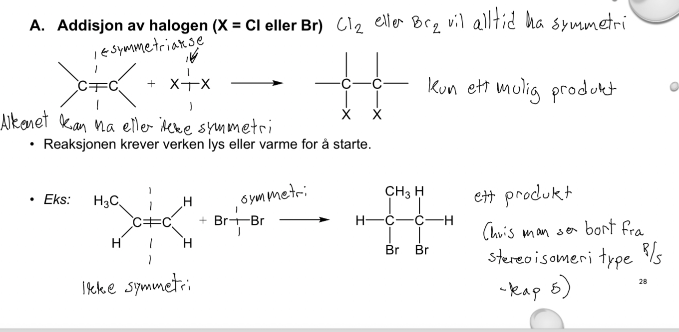 <p>Ett halogenmolekyl (Cl2 eller Br2) adderes, dobbeltbindingen brytes, og hvert karbon binder seg til et halogenatom.</p>