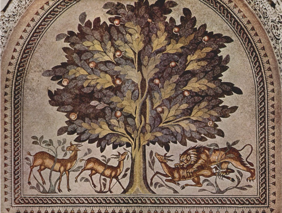 <p>Lion and Gazelle Mosaic, Khirbat al-Mafjar, c. 750 CE</p>