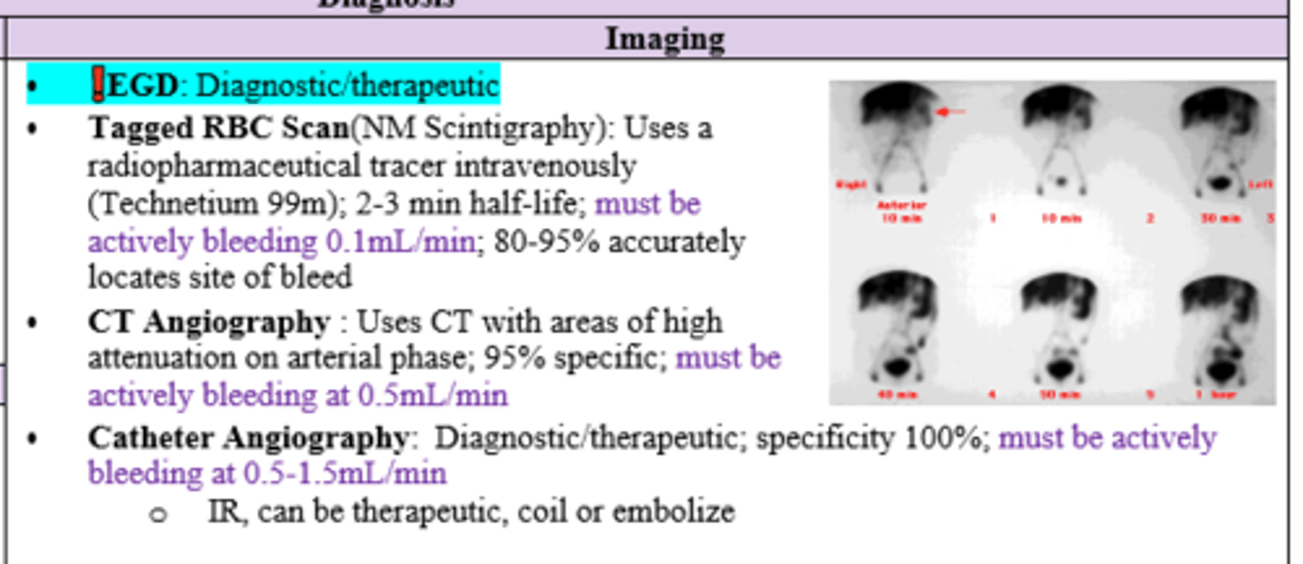 <p>1. Tagged RBC Scan</p><p>2. CTA (CT angio)</p><p>3. Catheter Angiography</p>