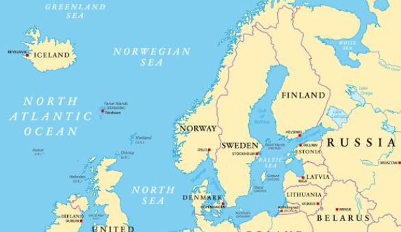 <p>Northern Europe, bordered by Sweden, Finland, Poland and Germany</p><p>Above Poland and Northeast of Germany</p>