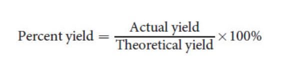 <p>Limiting reagent<br>Excess reagents<br>Yield<br>Theoretical yield<br>Actual yield<br>Percent yield</p>