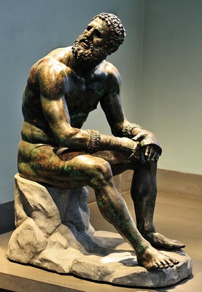 <p>- <span class="bgP">100-50 bce (late hellenistic pd)</span></p><p>- <span class="bgP">from rome (Italy)</span></p><p>- found with hellenistic ruler statue</p><p>- bronze original</p><p>- broken nose, swollen ears, bleeding wounds (debated whether or not he won or lost the fight)</p><p>- pose and hair is reminiscent of classical style</p>