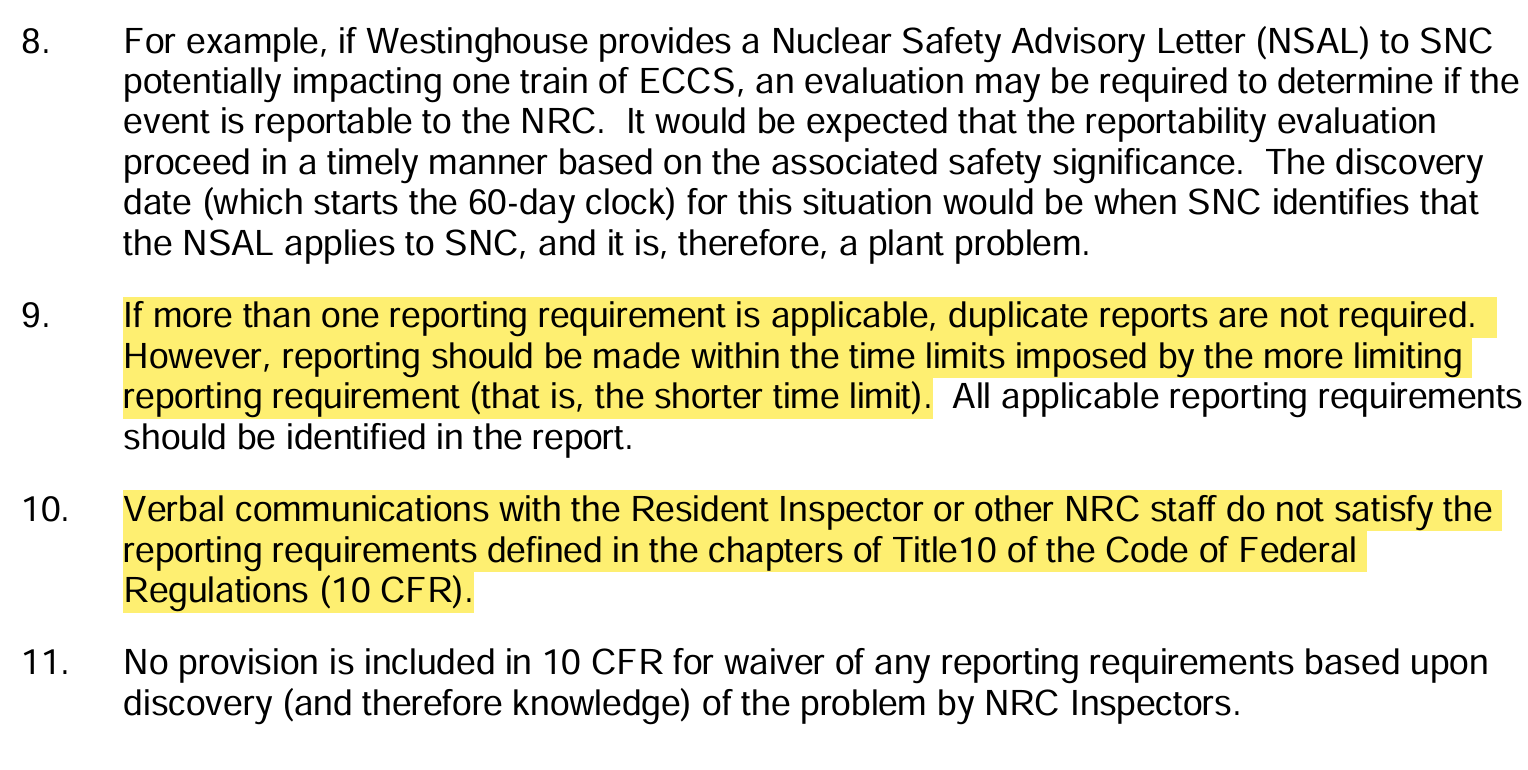 <p>NMP-AD-031-003 Reportability Requirements - Plant Specific - Vogtle</p><p>Time Requirement for submittal from discovery</p><p>Multiple Reports</p><p>Verbal communications with Resident</p>