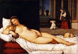 <p>Commissioned by the Duke of Urbino and believe to be a depiction of his wife or a courtesan, it was named a Venus after the fact. The painting has elements of fertility and marriage with the flowers and fidelity with the dog. Giving credence of this being a marriage portrait. We also see a use of chiaroscuro and sfumato to soften the women look. </p>