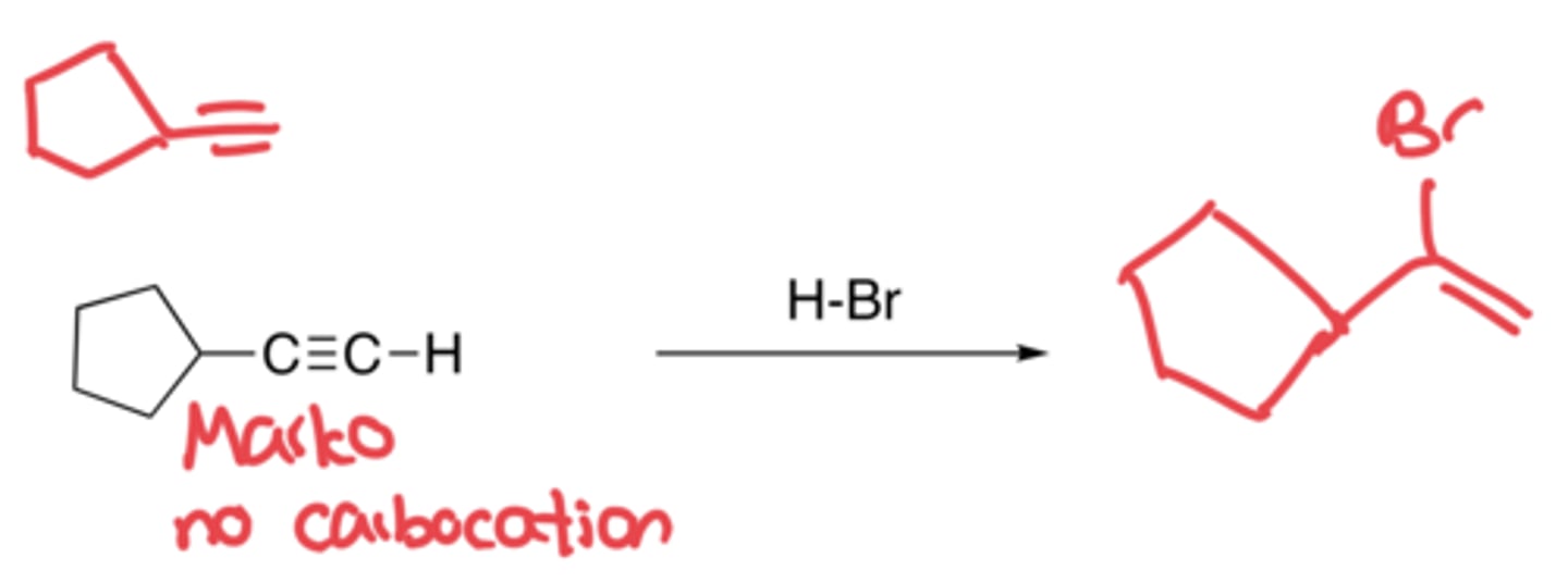 <p>- Addition of H and Br</p><p>- Markovnikov, no carbocation rearrangement</p><p>- If there is excess HBr, one more Br can be added to the C with least H</p>