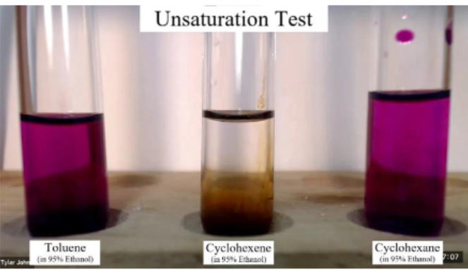 • Test for presence of double or triple bonds

 • Reagents used are **KMnO4 & HO-** (purple color)

 • It adds two hydroxyl groups to the double bond 

• Since the permanganate is consumed the color disappears 