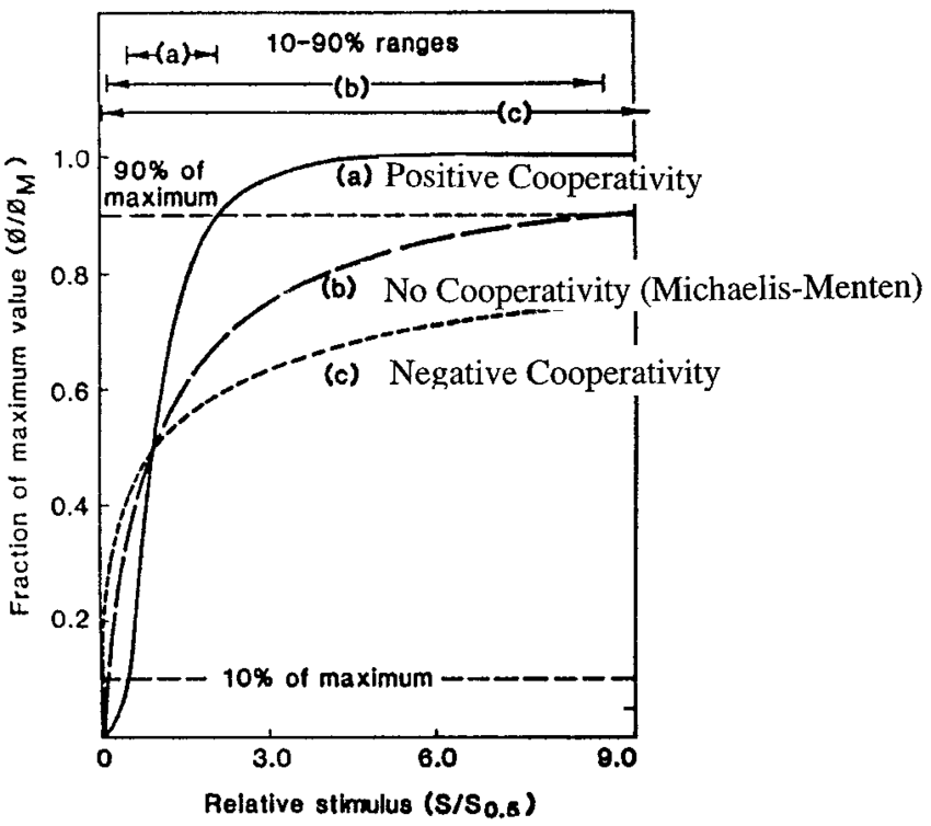 <p>Hill’s coefficient &lt; 1; I.e. After one ligand is bound the affinity of the enzyme for further ligands decreases</p>