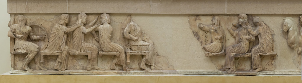 <p>Delphi, Siphnian Treasury: East Frieze - Battle for the Body of Antilochos/Gods in Council on Mount Olympus, Greek, c. 525 BCE</p>