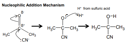 <ul><li><p>NaCN</p></li></ul><ul><li><p>Dilute H<sub>2</sub>SO<sub>4 </sub>(or H<sup>+</sup>)</p></li><li><p>RTP</p></li><li><p>Nucleophilic addition</p></li></ul><p></p>