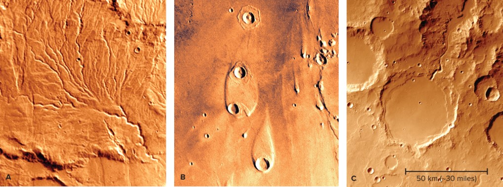 <p>Dry riverbeds, teardrop shaped island formations, winding channels, “Martian blueberries” - small hematite sphere usually formed from minerals in water, rocks that contain minerals indicating they formed in a lake</p>