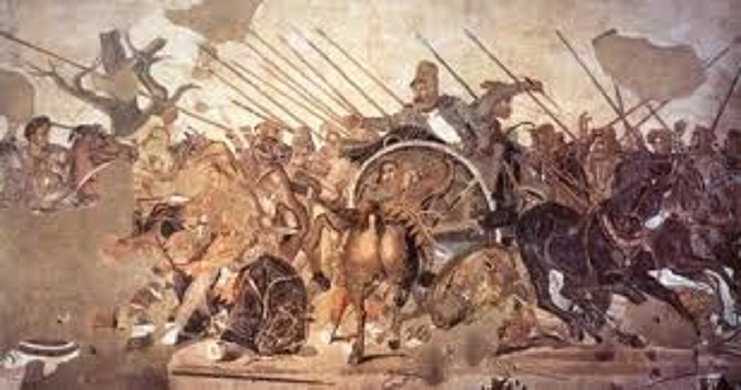 <p>Form:</p><p>-mosaic copy of a Greek wall painting</p><p>-tessarae: individual pieces of a mosaic</p><p>-spacial illusionism</p><p>-interweaving of figures</p><p>Content:</p><p>-Alexander the Great confront Darius III at Battle of Isos</p><p>-dead tree signifies the death and sadness</p><p>Function:</p><p>-floor mosaic showing dramatic representation of a historical event</p><p>-last major defeat of the Persians</p><p>Context:</p><p>-Roman Republic</p><p>-House of Faun, Pompeii 100 BCE</p>