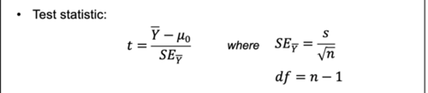 <p>t-value: measures discrepancy between observed and expected</p><p>• Note: if the observed mean is close to µ₀ then the numerator will be closer to zero (think about the t -curve)</p>