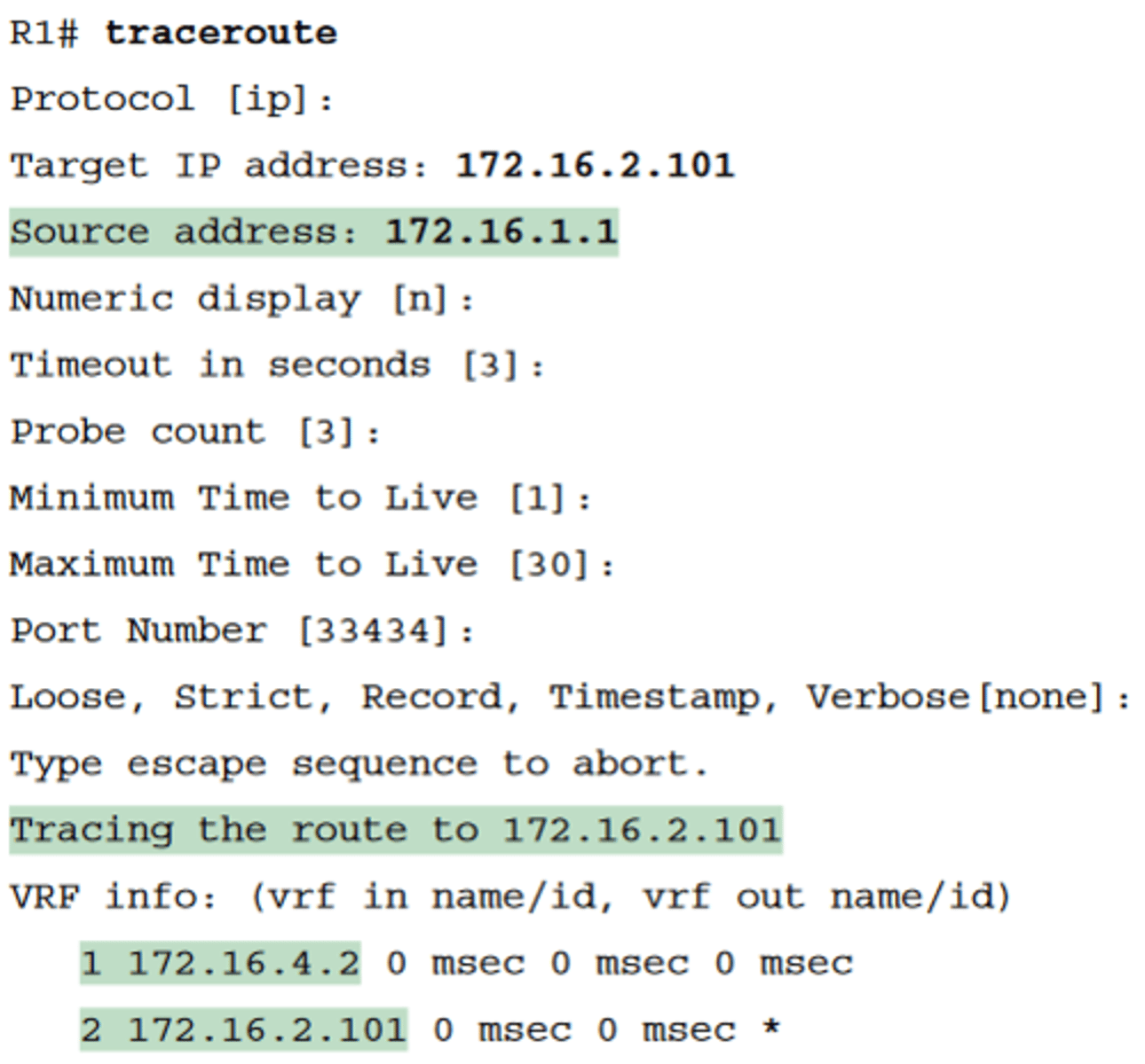 <p>-The extended traceroute command, as shown in Example 18-6, follows the same basic command structure as the extended ping command</p><p>-The user can type all the parameters on one command line, but it is much easier to just type traceroute, press Enter, and let IOS prompt for all the parameters, including the source IP address of the packets (172.16.1.1 in this example).</p>