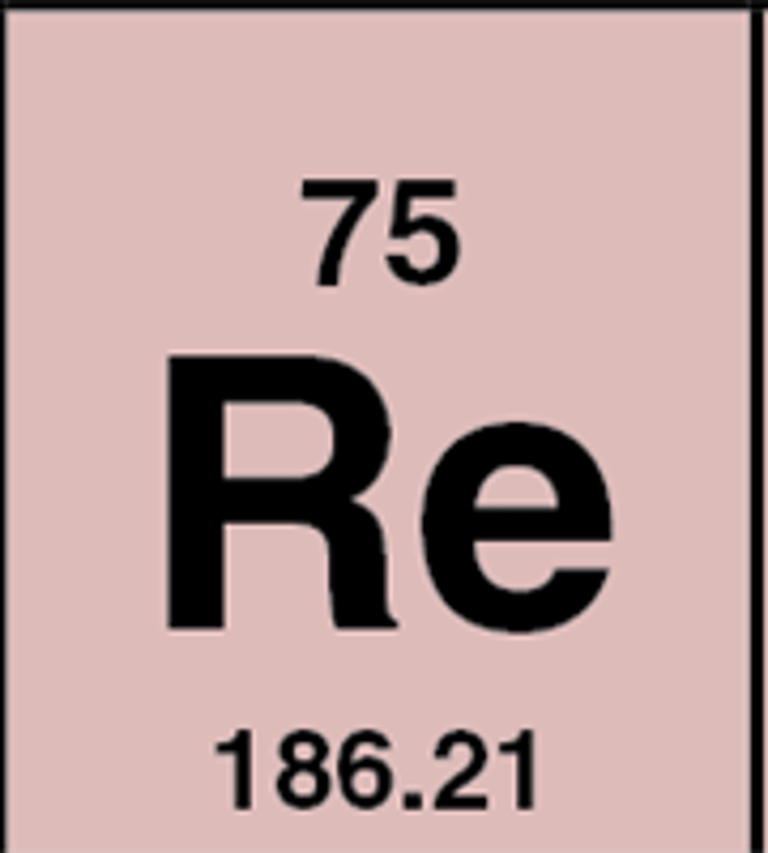 <p>Symbol: Re<br>Atomic Mass: 186.2<br>Atomic Number: 75</p>