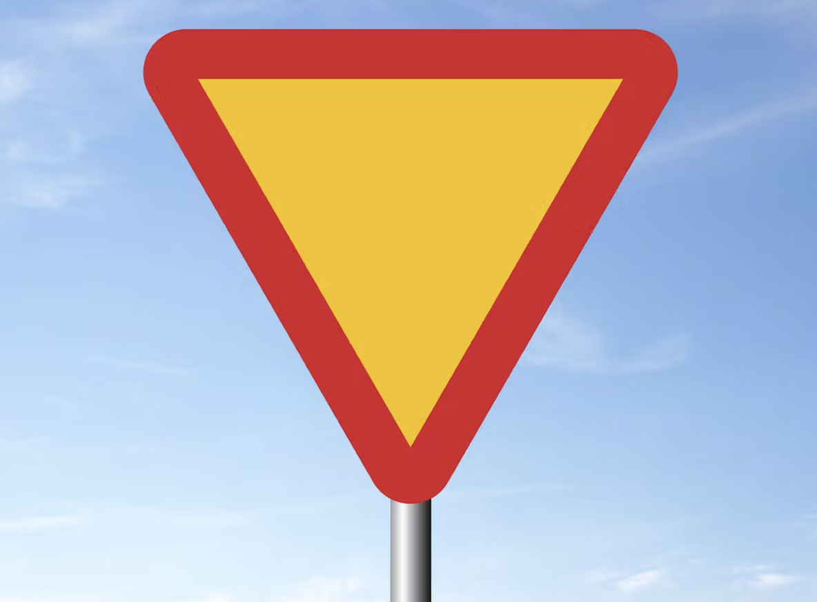 <p><span>Du ser detta vägmärke. Vilket sätt att köra fram mot korsningen är riktigt?</span></p>