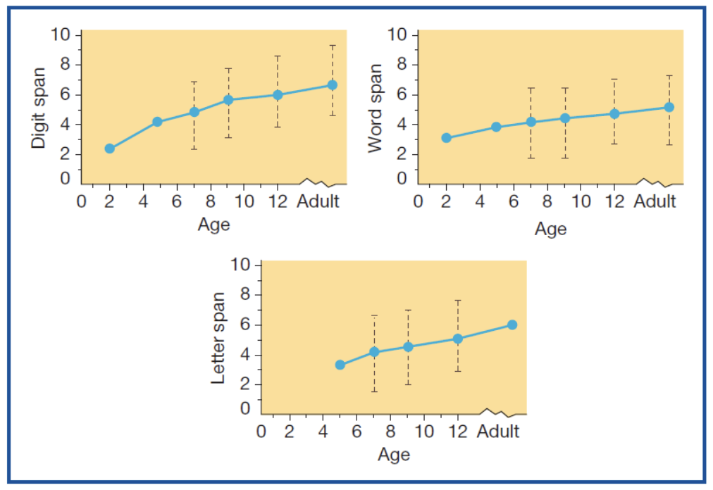 <ul><li><p><span><span>Working memory capacity increases with age</span></span></p></li><li><p><span><span>Alternative explanations:</span></span></p><ul><li><p><span><span>Processing speed (instead of memory capacity) increases with age</span></span></p></li><li><p><span><span>Less familiar with the experimental contexts and procedures at younger ages</span></span></p></li></ul></li></ul><p></p>