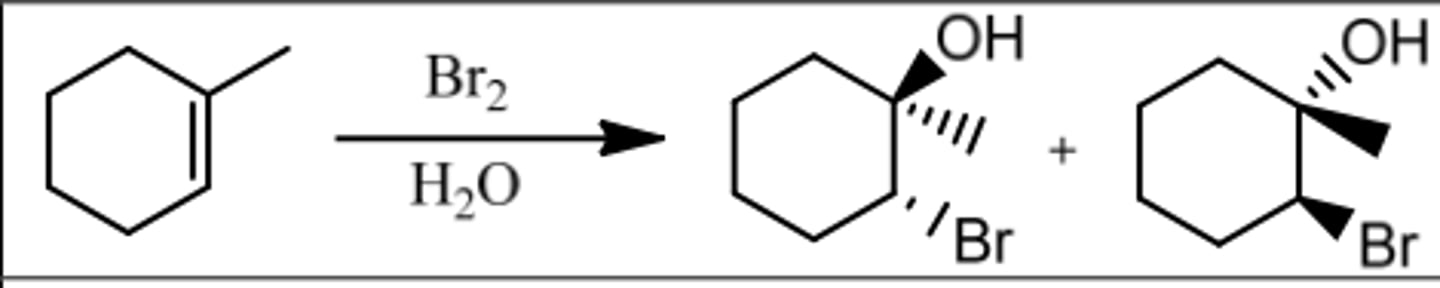 <p>Reagents: Br₂/H₂O (or Cl₂/H₂O)</p><p>What's Added: Br⁺ &amp; OH⁻ (or Cl⁺ &amp; OH⁻)</p><p>Regioselectivity: Markovnikov</p><p>Sterioselectivity: Anti Addition</p><p>Intermediate: Bromonium Ion</p>