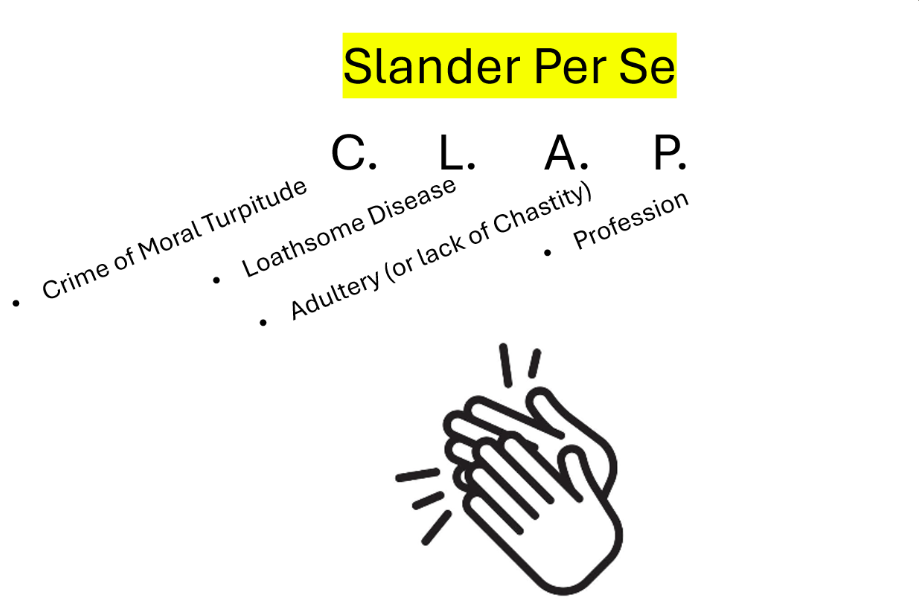 <p>C.L.A.P.</p><ul><li><p>Crime of moral turpitude (look for a serious felony)</p></li><li><p>Loathsome disease</p></li><li><p>Adultery (lack of chastity)</p></li><li><p>Profession</p></li></ul><p></p>