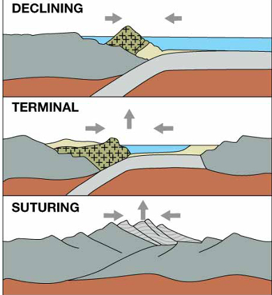 <p>SUTURING </p><ul><li><p>uplift, subduction ceases, convergence </p><p>result: birth of mature mountain ranges with nothing but land </p><p>Ex: Himalaya mountains </p></li></ul><p></p>
