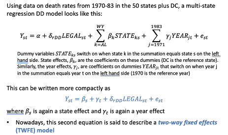 <p>Extends regression to include 50 states &amp; 13 years (not just 2 like before) </p><p>Regression compacted to look like additive model from before → from LSD (when all dummies shown)</p>