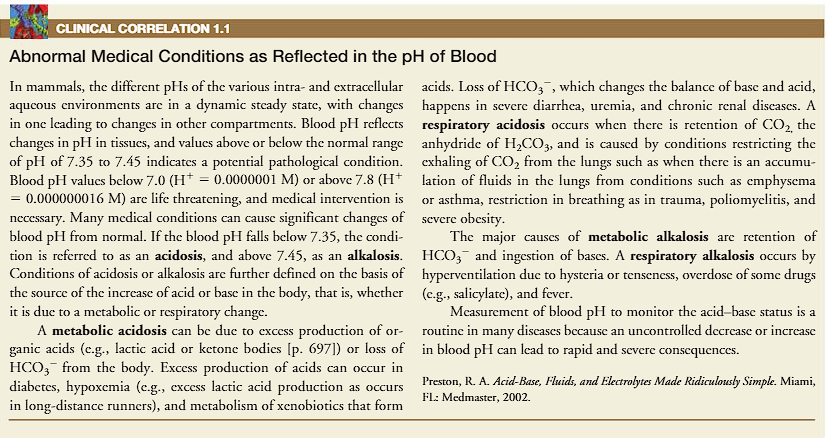 <p>CLINICAL CORRELATION 1.1</p><p>(abnormal medical conditions as reflected in the pH of the blood)</p><p>what is the normal range of pH?</p><p>what if values are below or above this “normal range”?</p><p>how are conditions of acidosis and alkalosis defined? </p><p>how is metabolic acidosis caused?</p><p>what happens if there is low bicarbonate (HCO3-)?  </p><p>what if values are below pH: 7.0 or above pH 7.8?</p>