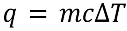 <p>Where q the amount of heat absorbed in joules, m is the mass of the object in grams, c is the specific heat capacity of the material in joules/(gram*Celsius) and T is temperature in Celsius.</p>