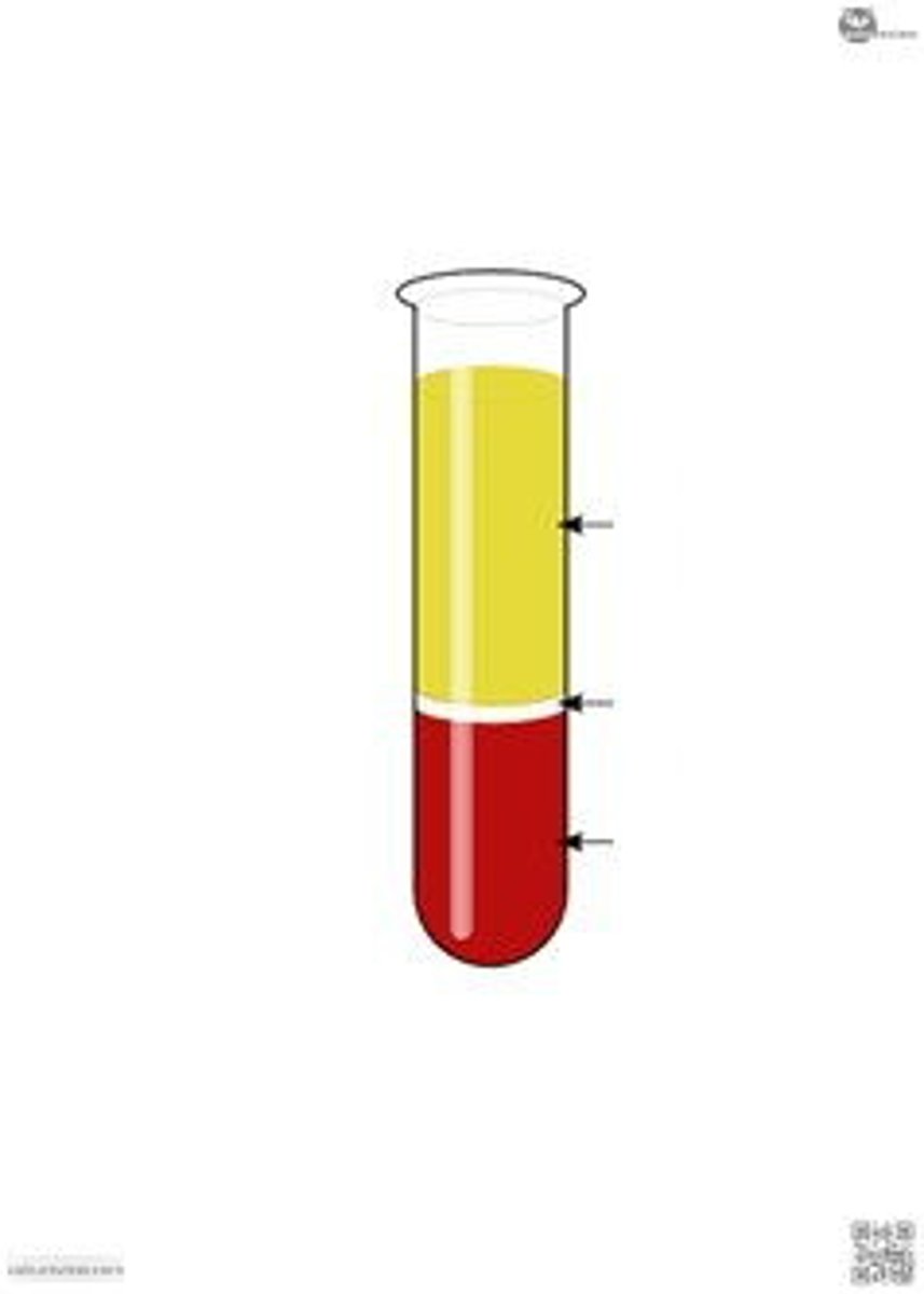 <p>Which of the following correctly identifies the layers of blood in this spun-down microhematocrit tube? (from top to bottom)</p><p>Red and white blood cells, serum, platelets</p><p>Total protein, fibrinogen, packed cells</p><p>Serum, white blood cells, megakaryocytes</p><p>Platelets, packed cells, serum</p><p>Plasma, buffy coat, red blood cells</p>