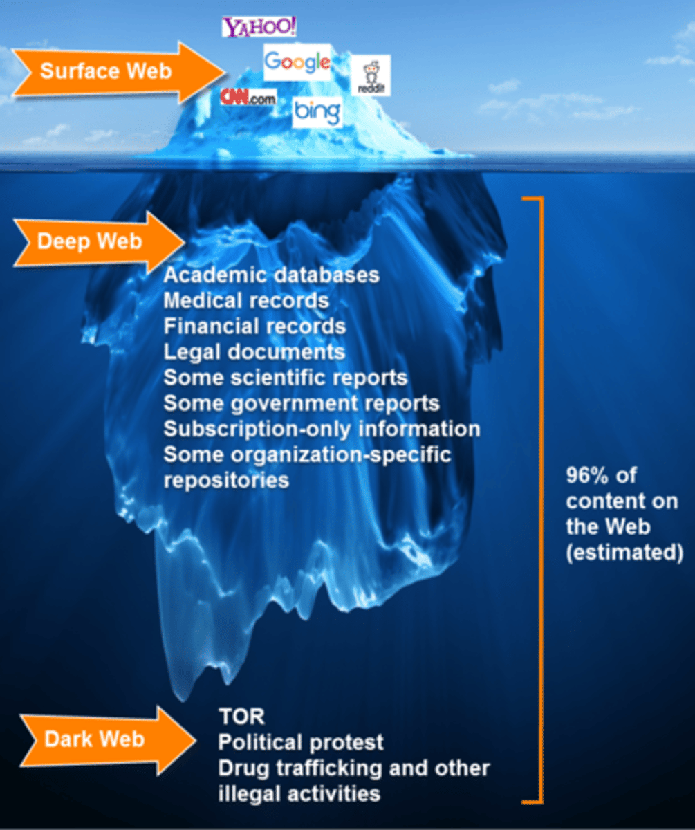 <p>Deep Web may include dynamically generated pages, password protected pages, or pages without inlinks such as academic databases or legal documents</p>