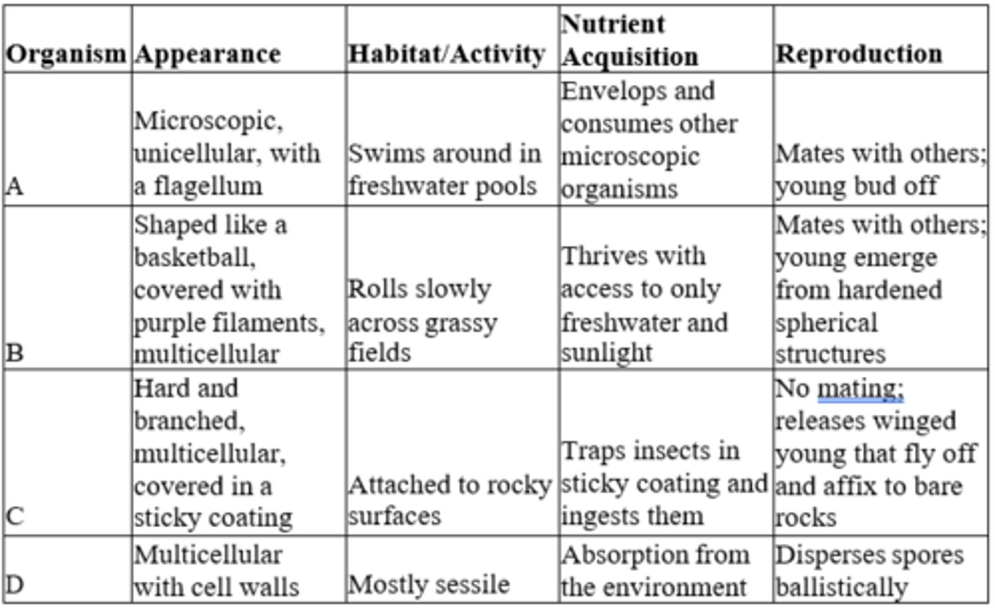 <p>organism C</p><p>3 multiple choice options</p>