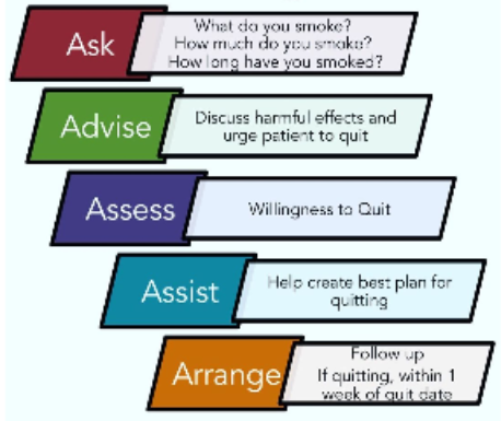 <ul><li><p>Ask</p></li><li><p>Advise</p></li><li><p>Assess</p></li><li><p>Assist</p></li><li><p>Arrange</p></li></ul><p></p>