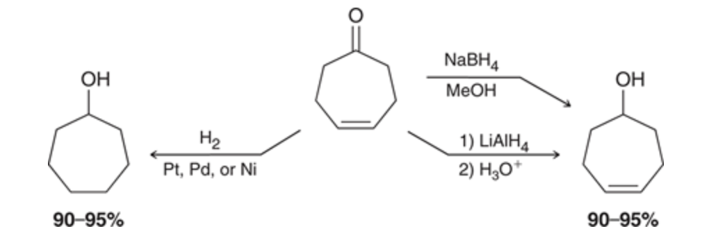 <p>NaBH4 and LAH can select only to reduce the carbonyl group while the metals will get rid of the double bond as well</p>