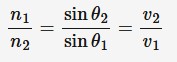 <p>An equation that describes the angle of incidence and angle of refraction as light (or other waves) is refracted through a boundary between two media that have different refractive index.</p><ul><li><p>n1 = refractive index of 1st medium</p></li><li><p>n2 = refractive index of 2nd medium</p></li><li><p>θ1 = angle of incidence (degrees)</p></li><li><p>θ2 = angle of refraction (degrees)</p></li><li><p>v1 = speed of wave in first medium (m*s^-1)</p></li><li><p>v2 = speed of wave in 2nd medium (m*s^-1)</p><p><br></p></li></ul><p></p>