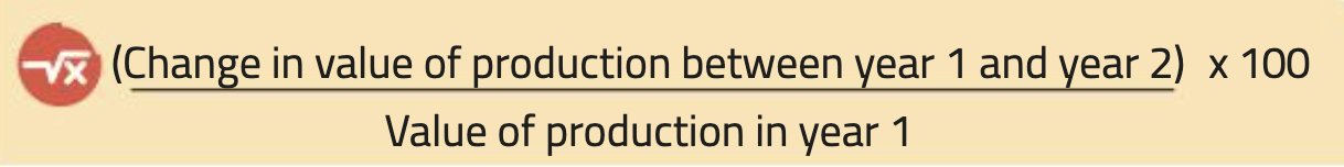 <p>(Change in value production between year 1 and year 2) ÷ Value of production in year 1 </p>