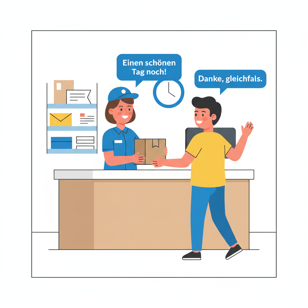 <ul><li><p><strong>(Ich wünsche Ihnen/dir)...</strong> - (I wish you)... — This part is implied and left out.</p></li><li><p><strong>Einen schönen Tag</strong> - a nice day. This is the direct object of the implied verb "wünschen," which is why it's in the <strong>accusative case</strong>.</p></li></ul><p></p><p><em>(At a bakery checkout)</em></p><p><strong>Verkäufer (Cashier):</strong> Das macht dann 4 Euro 50, bitte. <strong>(That will be 4 euros 50, please.)</strong></p><p><strong>Kunde (Customer):</strong> Hier, bitte. <strong>(Here you go.)</strong></p><p><strong>Verkäufer:</strong> Danke! Auf Wiedersehen und <strong>einen schönen Tag noch!</strong> <strong>(Thanks! Goodbye and have a nice day!)</strong></p><p><strong>Kunde:</strong> Danke, gleichfalls! <strong>(Thanks, you too!)</strong></p>