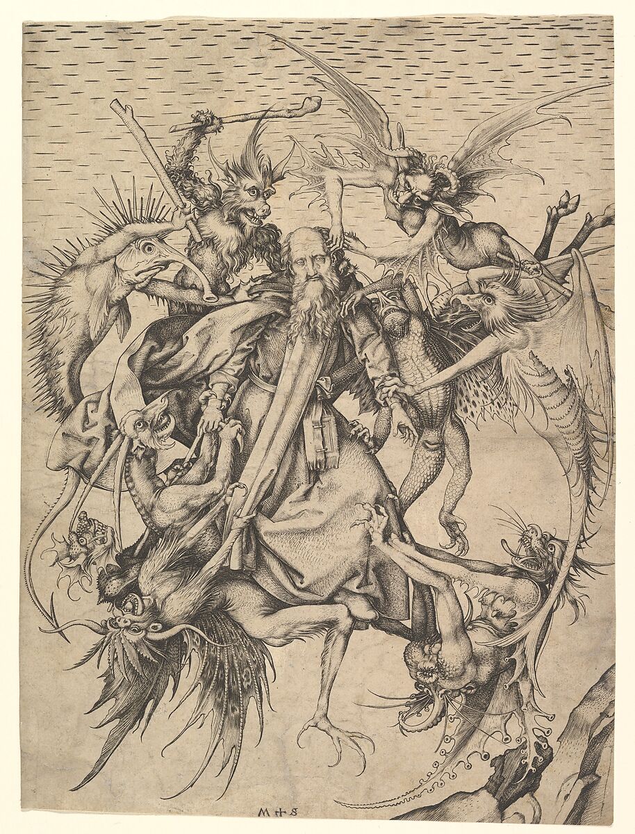 <p>An engraving by Martin Schongauer depicting grotesque demons that swarm around Saint Anthony the Great</p>