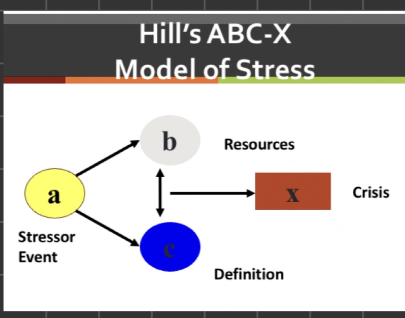 <ol><li><p>Stressor (a)</p></li><li><p>Resources (b)</p></li><li><p>definition (c) - family’s perception of event, definition/meaning</p></li><li><p>the crisis (x) - occurs if family can’t immediately figure out how to solve problem</p></li></ol><p>The interaction of these events determine crisis experience and this model focuses on one stressor at a time</p>