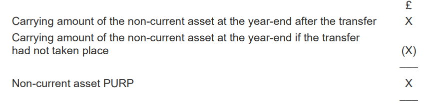 <p>Carrying amount of the non-current asset at the year-end after the transfer X</p><p>Less: Carrying amount of the non-current asset at the year-end if the transfer had not taken place (X)</p><p></p><p>Non- current asset PURP X</p>