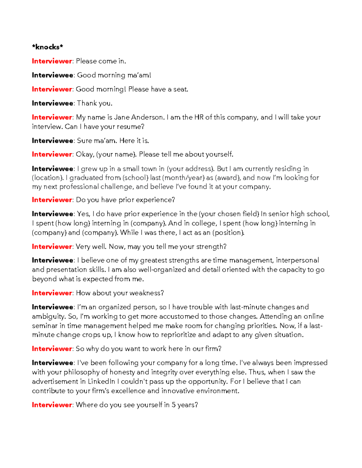 <p>A written format resembling a script where one person asks questions and the other answers.</p>