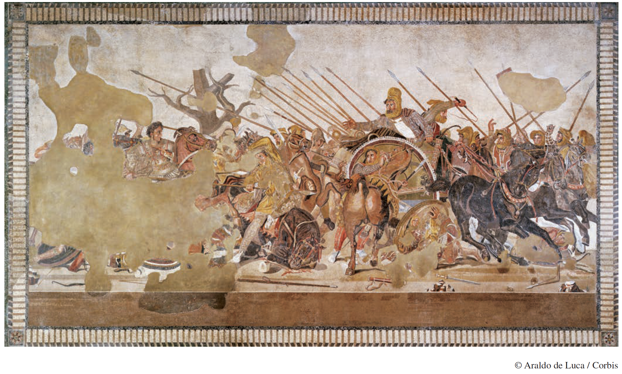 <p>The artist of the Alexander Mosaic likely intended to celebrate ancient Greek art by<br>A. reproducing a sculpted relief from a temple frieze<br>B. creating a monumental artwork intended to be hung on a wall<br>C. emulating an earlier painting described in ancient texts<br>D. depicting Athens' triumph over Rome in battle</p>