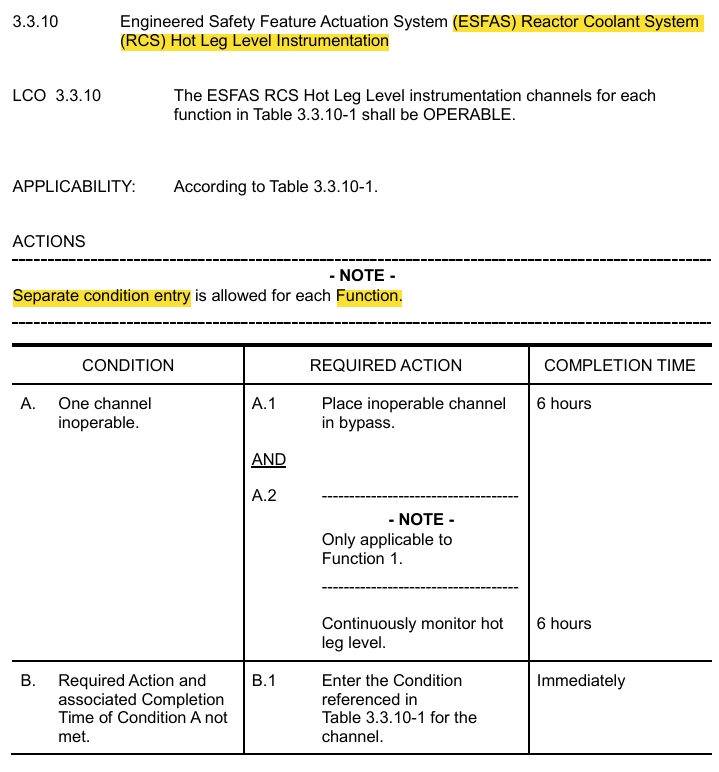 <p>3.3.10 ESFAS RCS Hot leg Level Instrumentation</p>