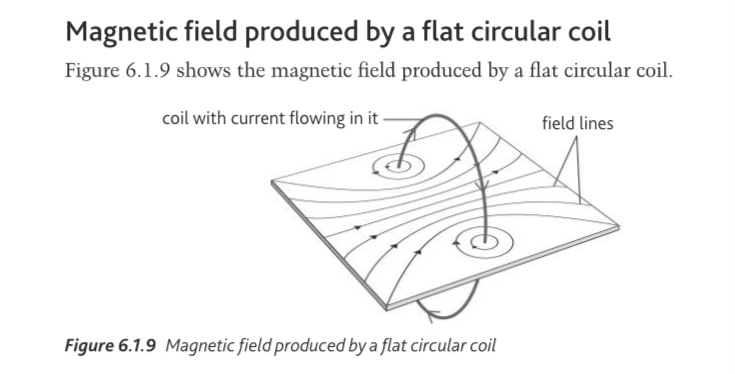 <p></p><ul><li><p>A flat circular coil (looped lines through and around the coil).</p><ul><li><p></p></li></ul></li></ul><p></p>